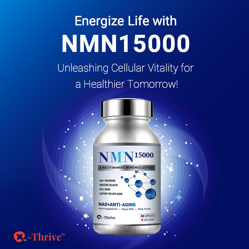 X-Thrive NMN15000 showcases the revolutionary anti-aging compound NMN, fostering youthful cellular function and bolstering DNA repair, energy metabolism, and cognitive well-being.